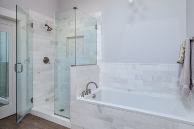 Inspiration for a mid-sized modern master white tile and porcelain tile bathroom remodel in Denver with shaker cabinets, marble countertops and gray walls
