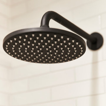 White Subway Tile Shower with Black Shower Head