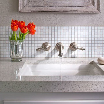 White traditional bathroom with glass mosaics and counter
