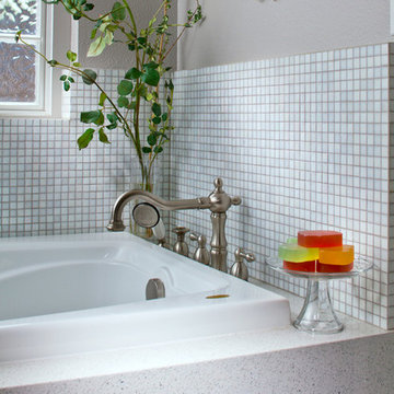 White traditional bathroom with glass mosaics and counter