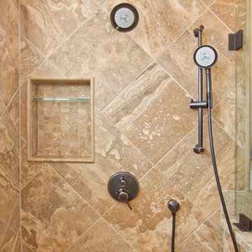 Master Shower with Travertine Tile Walls in Wildomar Renovation