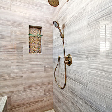 Wildomar Shower Tile with Niche and Bench in Master Bathroom Remodel
