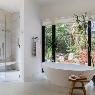 Large trendy master gray tile porcelain tile, white floor and double-sink bathroom photo in Portland with flat-panel cabinets, light wood cabinets, white walls, an undermount sink, quartz countertops, a hinged shower door, white countertops and a floating vanity