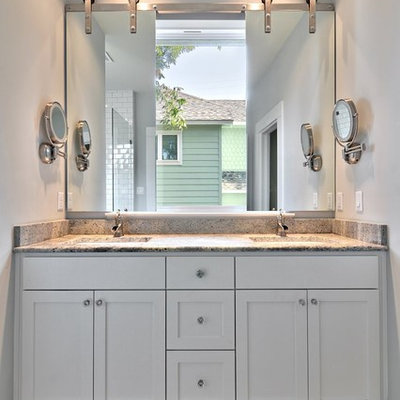Transitional gray tile bathroom photo in Austin with an undermount sink, shaker cabinets and white cabinets