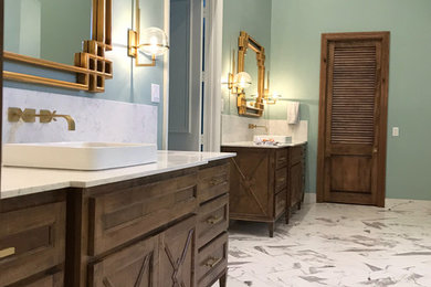 Example of a large transitional master bathroom design in Dallas with furniture-like cabinets, medium tone wood cabinets, quartzite countertops and white countertops