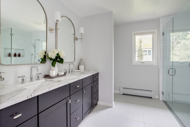 Inspiration for a modern master white tile walk-in shower remodel in Denver with quartz countertops, a hinged shower door and white countertops