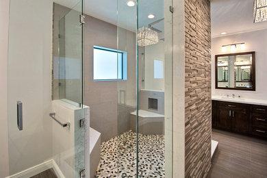 Inspiration for a large transitional master white tile and ceramic tile porcelain tile doorless shower remodel in Miami with furniture-like cabinets, white cabinets, a one-piece toilet, white walls, a drop-in sink and granite countertops