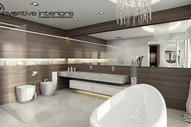 Design ideas for an eclectic bathroom in Other with a freestanding bath, white tiles, brown walls, ceramic flooring, an integrated sink and quartz worktops.