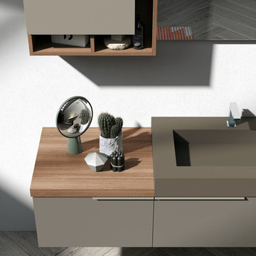 Wood and warm grey toned bathroom vanity with herringbone floor