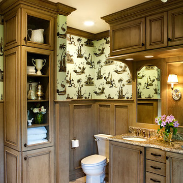 Wood Cabinetry and Wallpaper Bathroom Renovation St. Louis, MO