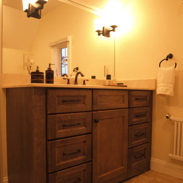 Wood Vanity with Sconces Built-Into Mirror
