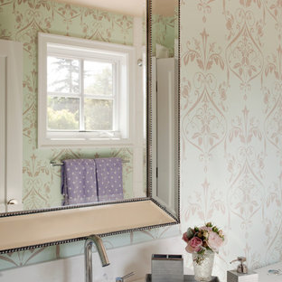 Example of a mid-sized trendy 3/4 bathroom design in San Francisco with marble countertops