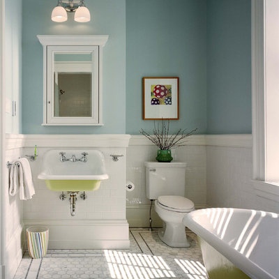 Elegant kids' subway tile claw-foot bathtub photo in Philadelphia with a wall-mount sink and blue walls