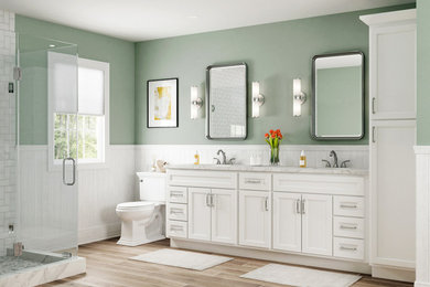 Источник вдохновения для домашнего уюта: ванная комната с фасадами в стиле шейкер, белыми фасадами, тумбой под две раковины и встроенной тумбой