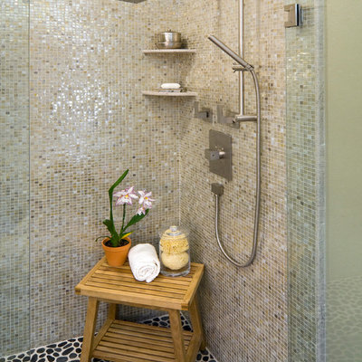 Inspiration for a mid-sized contemporary master gray tile and mosaic tile pebble tile floor doorless shower remodel in San Francisco