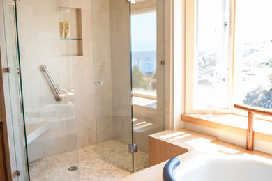 Large trendy bamboo floor bathroom photo in Other with flat-panel cabinets and light wood cabinets