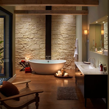 Zen Bathroom With Cut Coarse Stone Accent Wall