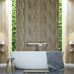 Freestanding bathtub - mid-sized modern multicolored tile slate floor and multicolored floor freestanding bathtub idea in Los Angeles with open cabinets, light wood cabinets, multicolored walls, a wall-mount sink, wood countertops and multicolored countertops