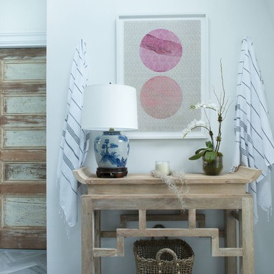 Large minimalist master subway tile and white tile marble floor walk-in shower photo in New York with a two-piece toilet, white walls, flat-panel cabinets, gray cabinets, marble countertops and a vessel sink