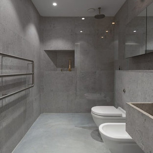 Inspiration for a mid-sized modern master bathroom in Other with an alcove shower, gray tile, grey walls, concrete floors, concrete benchtops, a bidet and a trough sink.