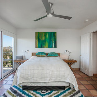 Inspiration for a midcentury master bedroom in Orange County with white walls and terra-cotta floors.