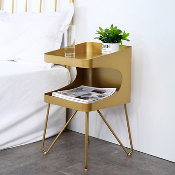 $135.99 Modern Nightstand with Storage Gold Side Table with Metal Stand Bedside
