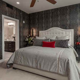 Mid-sized transitional master carpeted, gray floor and wallpaper bedroom photo in Raleigh with gray walls