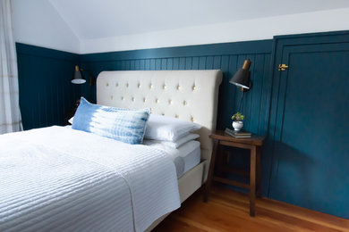 Ispirazione per una camera matrimoniale tradizionale di medie dimensioni con pareti blu, pavimento in legno massello medio, nessun camino e pavimento marrone
