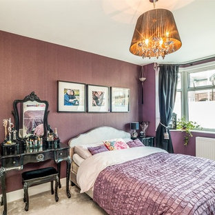 This is an example of a medium sized contemporary master bedroom in Hertfordshire with purple walls, carpet, no fireplace and grey floors.