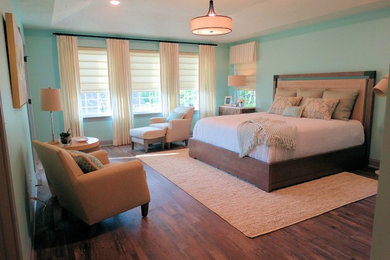 クリーブランドにある広いトランジショナルスタイルのおしゃれな主寝室 (青い壁、クッションフロア、茶色い床) のインテリア