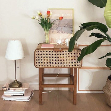 $237.99 Wooden Walnut Nightstand Rattan Drawer for Bedroom Living Room Storage B