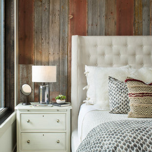 Bedroom - rustic master carpeted and gray floor bedroom idea in Denver with multicolored walls