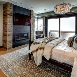 This is an example of a large contemporary master bedroom in Salt Lake City with beige walls, light hardwood floors, a standard fireplace, a plaster fireplace surround and beige floor.