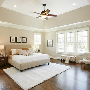 Photo of a large arts and crafts master bedroom in DC Metro with beige walls, ceramic floors, beige floor and no fireplace.