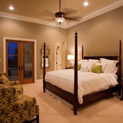 Bedroom - contemporary carpeted bedroom idea in Austin with brown walls