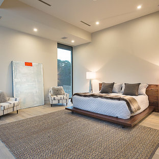 Bedroom - contemporary light wood floor bedroom idea in Austin with white walls