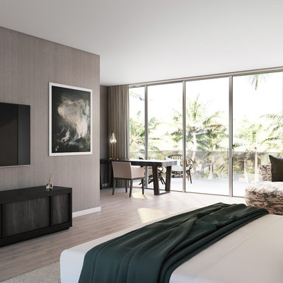Inspiration for a large contemporary master light wood floor and brown floor bedroom remodel in Miami with brown walls and no fireplace