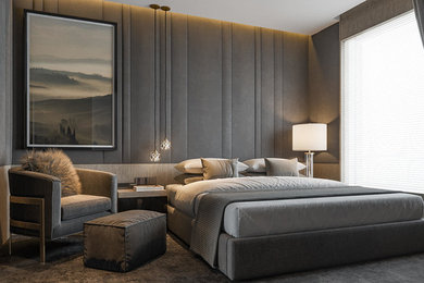 Ejemplo de habitación de invitados contemporánea de tamaño medio con paredes grises, moqueta y suelo gris