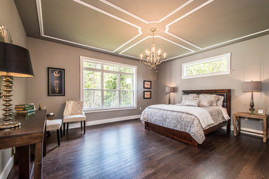 Inspiration for a large classic master bedroom in Other with dark hardwood flooring, beige walls, no fireplace and brown floors.