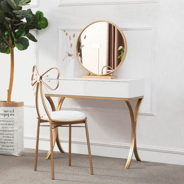 $575.99 White Wood Makeup Table with Round Mirror & Chair Set Gold Metal Base Sm
