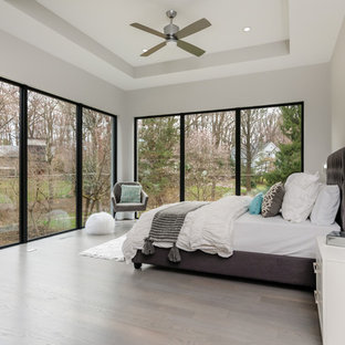 Inspiration for a contemporary dark wood floor and brown floor bedroom remodel in DC Metro with gray walls