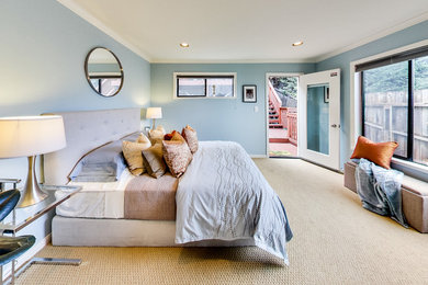 Ejemplo de dormitorio principal contemporáneo de tamaño medio con paredes azules y moqueta