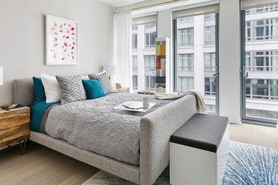 Design ideas for a contemporary bedroom in New York with grey walls.