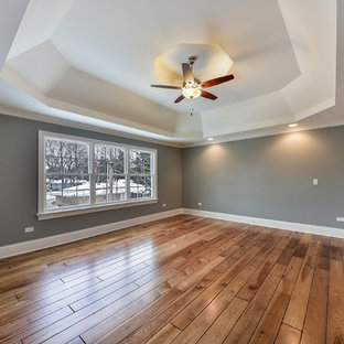 Diseño de dormitorio principal, clásico renovado, grande, sin chimenea, con paredes grises, suelo laminado y suelo marrón