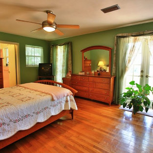 Foto de habitación de invitados costera, de tamaño medio, con paredes verdes y suelo de madera en tonos medios