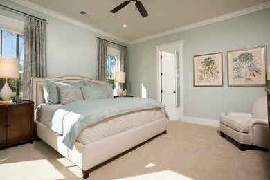 Elegant master carpeted bedroom photo in Atlanta with blue walls