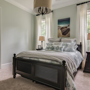 Example of a mid-sized beach style guest carpeted and beige floor bedroom design in Charlotte with no fireplace and gray walls