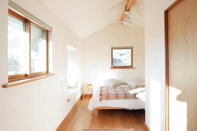 Ejemplo de dormitorio principal minimalista de tamaño medio con paredes blancas, suelo de madera clara y suelo marrón