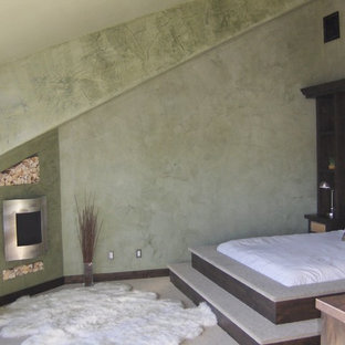Ejemplo de habitación de invitados mediterránea, de tamaño medio, con paredes verdes, moqueta, chimenea tradicional, marco de chimenea de metal y suelo verde