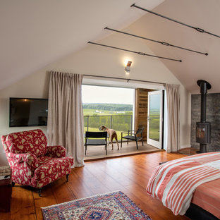 Ejemplo de dormitorio principal, campestre, grande, con paredes beige, suelo de madera en tonos medios, estufa de leña y marco de chimenea de piedra